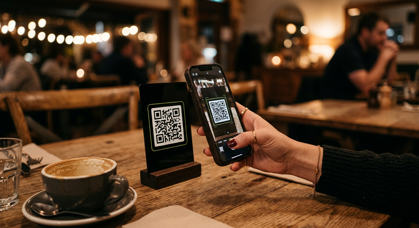 Clienta escaneando un QR sobre la mesa de un restaurante
